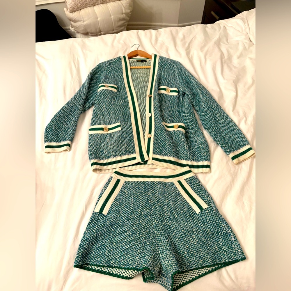 Maje Green and White Cardigan Sweater Set